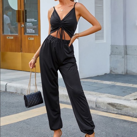 Pants - Drawstring Tie Front Cut Out Cami Jumpsuit
